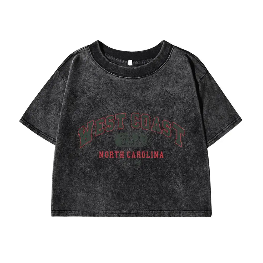 Womans Cotton Crop Tees Trend O-Neck Distressed Washed T-Shirts West Coast Usa North Carolina Prints Short Sleeve Street Clothes