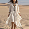 New Spring Solid Cotton Linen Casual Dress for Ladies V Neck Ruffle Irregular Long Dress Women Long Sleeve Loose Boho Maxi Dress