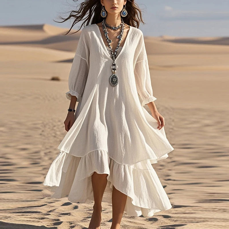 New Spring Solid Cotton Linen Casual Dress for Ladies V Neck Ruffle Irregular Long Dress Women Long Sleeve Loose Boho Maxi Dress