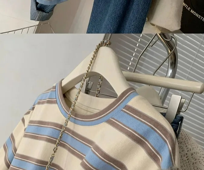 Fashion Striped Short Sleeved T-shirt Women Spring Summer Loose Versatile Top Retro O-neck Casual Harajuku Student Tee