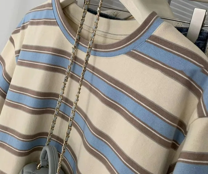 Fashion Striped Short Sleeved T-shirt Women Spring Summer Loose Versatile Top Retro O-neck Casual Harajuku Student Tee