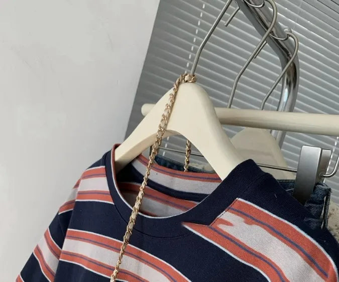 Fashion Striped Short Sleeved T-shirt Women Spring Summer Loose Versatile Top Retro O-neck Casual Harajuku Student Tee