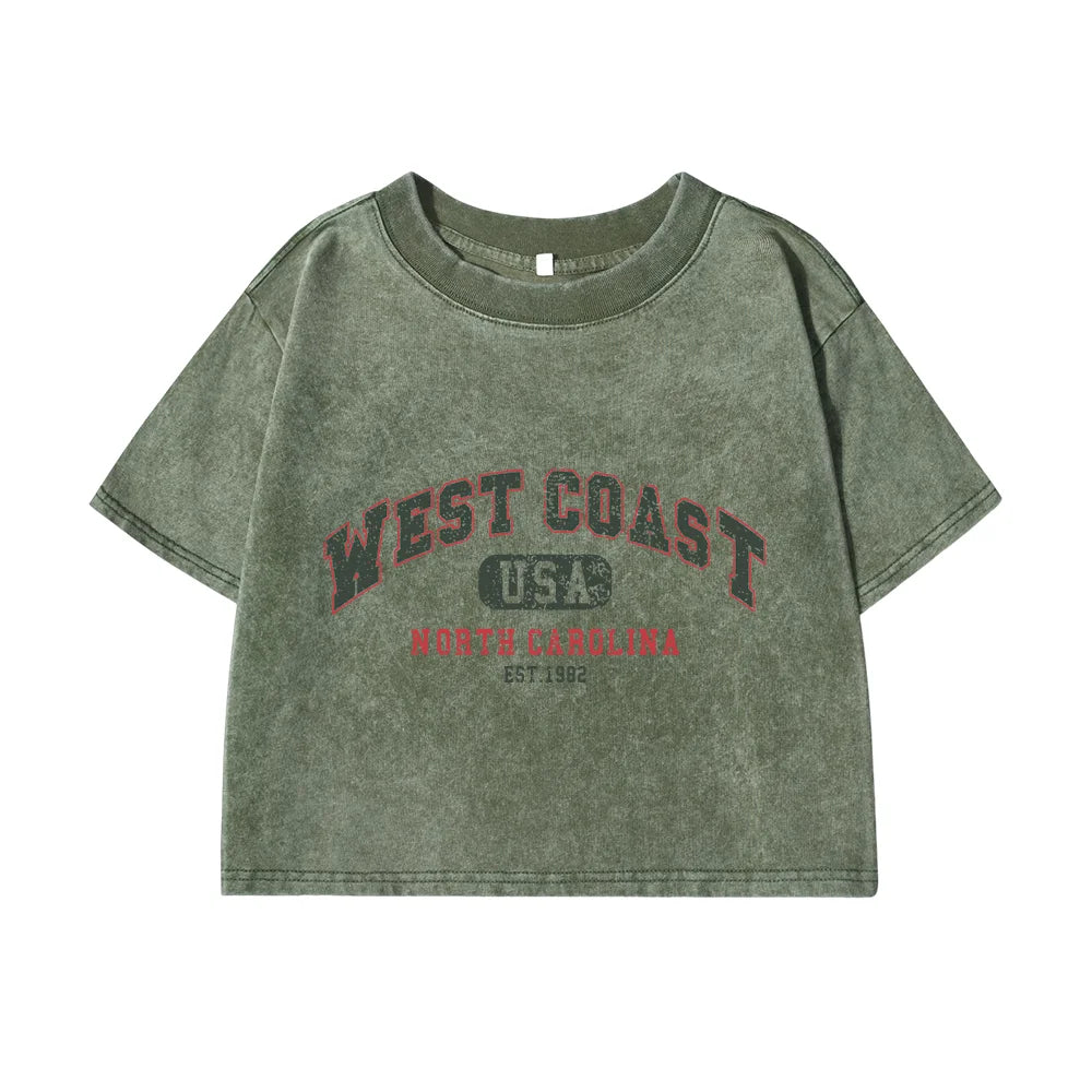 Womans Cotton Crop Tees Trend O-Neck Distressed Washed T-Shirts West Coast Usa North Carolina Prints Short Sleeve Street Clothes