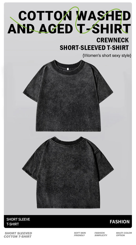 Womans Cotton Crop Tees Trend O-Neck Distressed Washed T-Shirts West Coast Usa North Carolina Prints Short Sleeve Street Clothes