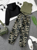Children's Spring and Autumn Girls' Fashion 3-piece Short Sleeve Hoodie+Knitted Tank Top+Camouflage Pants - Military Green