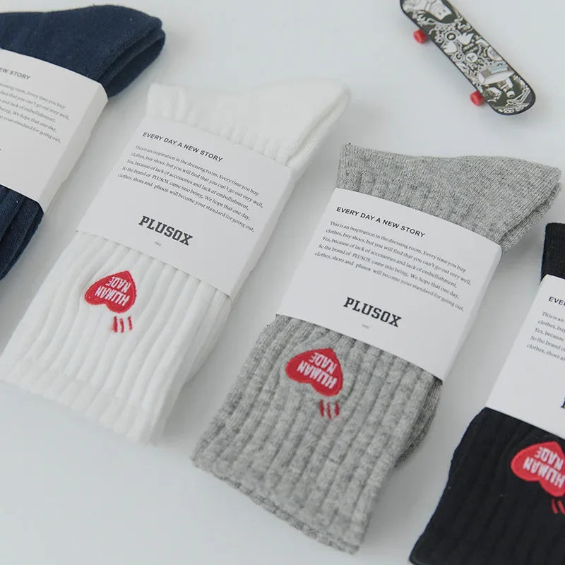 Couple Socks Same Style Balwenle European Fashionable Embroidered Heart Mid Calf Sports Socks Thick Line Knit Men's Socks