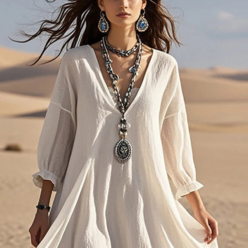 New Spring Solid Cotton Linen Casual Dress for Ladies V Neck Ruffle Irregular Long Dress Women Long Sleeve Loose Boho Maxi Dress