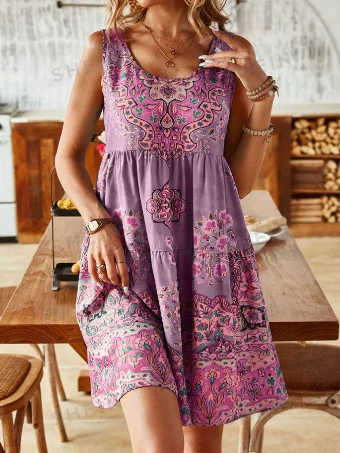 2024 AliExpress Europe and the United States Cross Border Summer Print Sleeveless V-Neck Vest Fashion Resort Print Dress Women