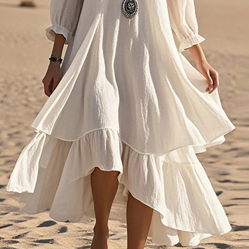 New Spring Solid Cotton Linen Casual Dress for Ladies V Neck Ruffle Irregular Long Dress Women Long Sleeve Loose Boho Maxi Dress
