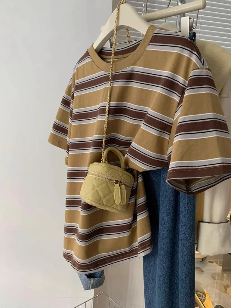 Fashion Striped Short Sleeved T-shirt Women Spring Summer Loose Versatile Top Retro O-neck Casual Harajuku Student Tee
