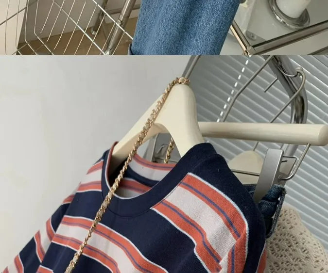 Fashion Striped Short Sleeved T-shirt Women Spring Summer Loose Versatile Top Retro O-neck Casual Harajuku Student Tee