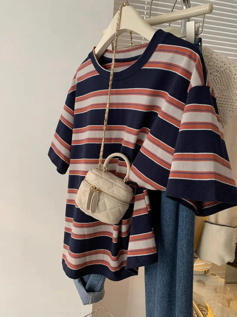 Fashion Striped Short Sleeved T-shirt Women Spring Summer Loose Versatile Top Retro O-neck Casual Harajuku Student Tee