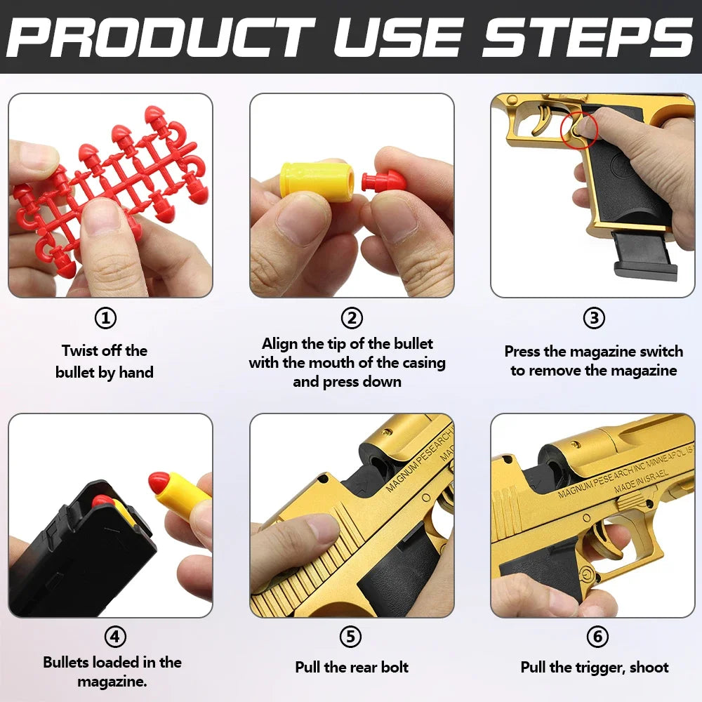 Continuous Shot Mechanical Auto Desert Eagle Airsoft Toy Gun Ejecting Shells Soft Bullets Kids Outdoor Target Game