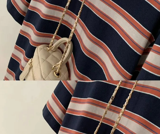 Fashion Striped Short Sleeved T-shirt Women Spring Summer Loose Versatile Top Retro O-neck Casual Harajuku Student Tee