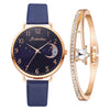 Ladies Moon Pattern Dial PU Strap Quartz Watch, Color: Tianlan+Bracelet