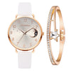 Ladies Moon Pattern Dial PU Strap Quartz Watch, Color: Tianlan+Bracelet