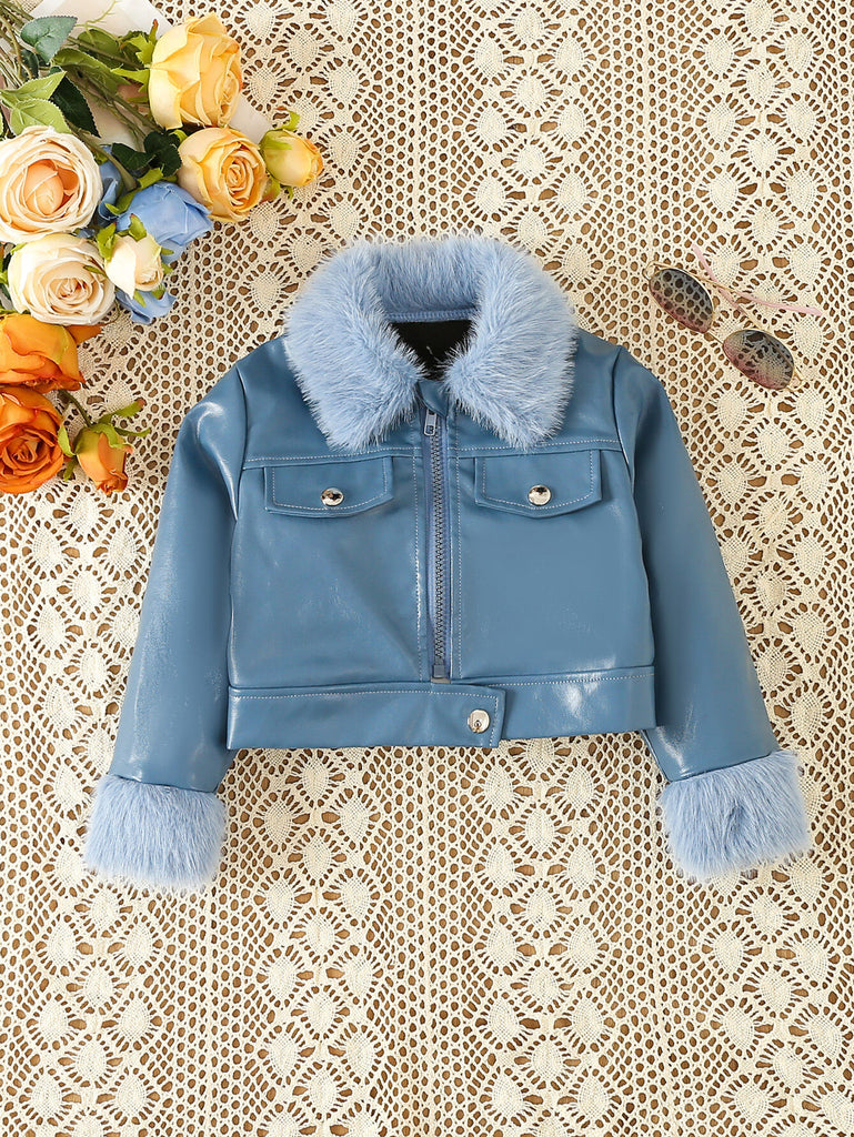 Furry Lapels Cropped PU Jackets 3-7Y Toddler Girls Coats & Jackets