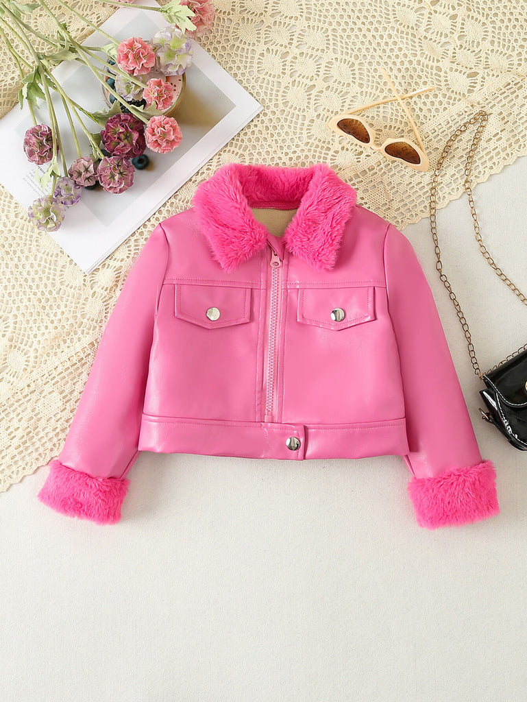 Furry Lapels Cropped PU Jackets 3-7Y Toddler Girls Coats & Jackets