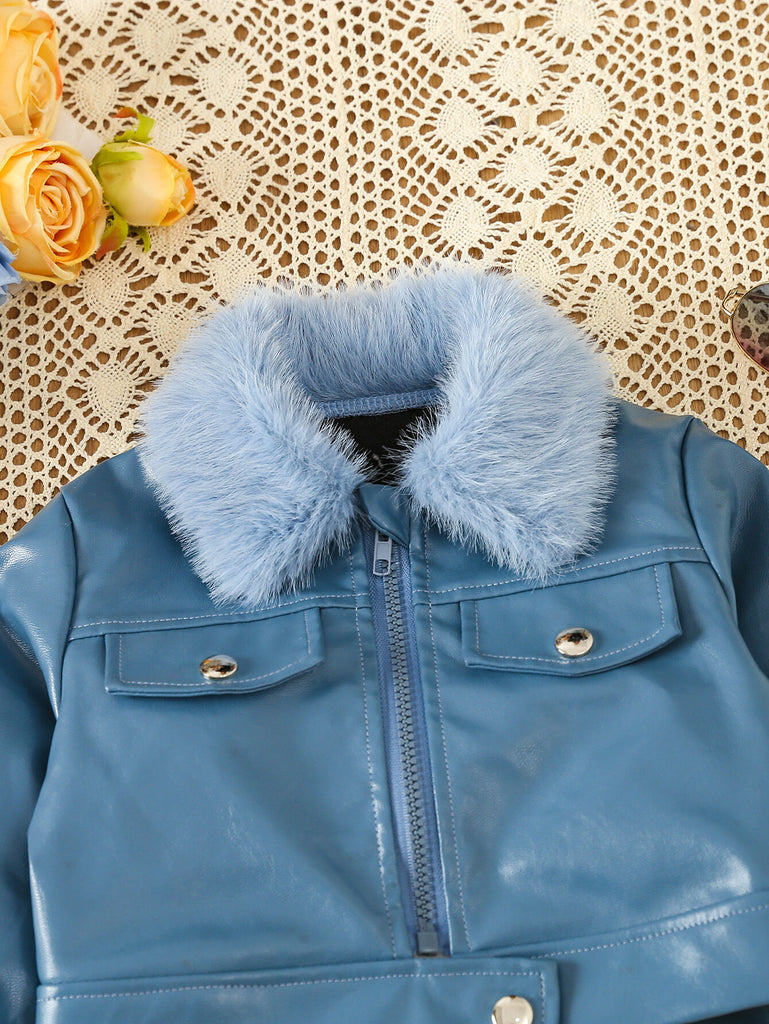 Furry Lapels Cropped PU Jackets 3-7Y Toddler Girls Coats & Jackets