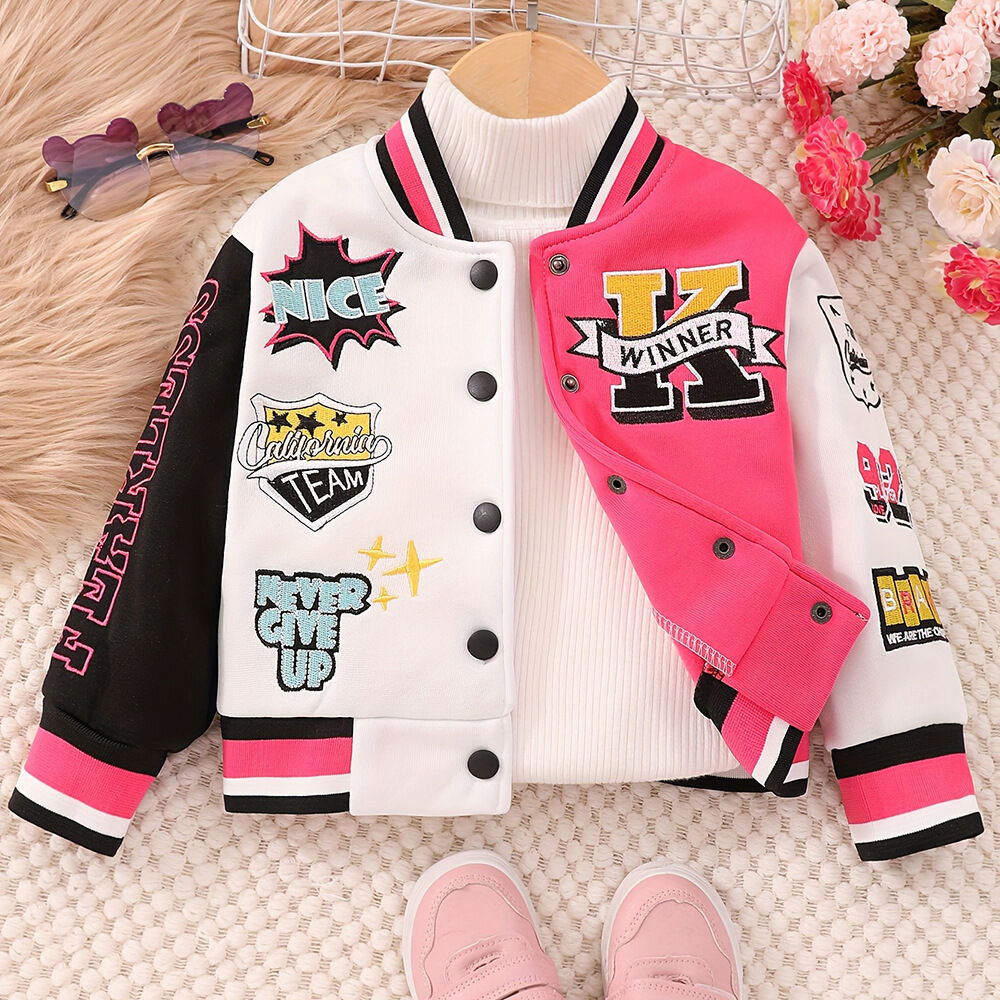 Baseball Casual Rose Printed Sports Jackets 3-7Y Toddler Girls Coats & Jackets