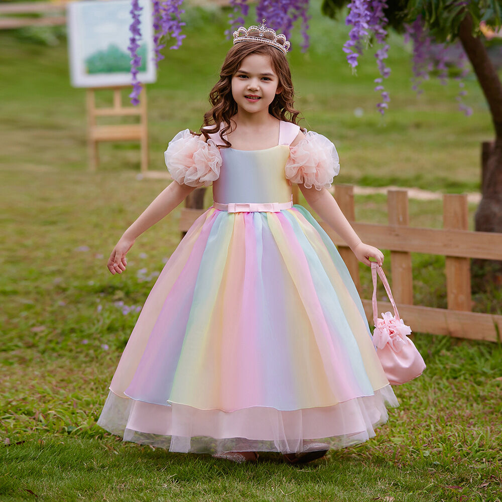 Kids Girls Mesh Princess Dress Rainbow Gradient Flower Kids 7-12Y