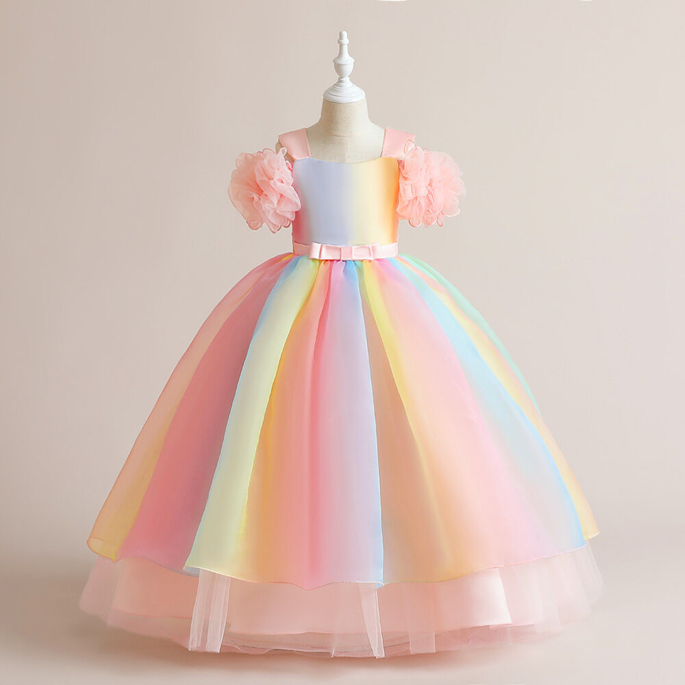 Kids Girls Mesh Princess Dress Rainbow Gradient Flower Kids 7-12Y