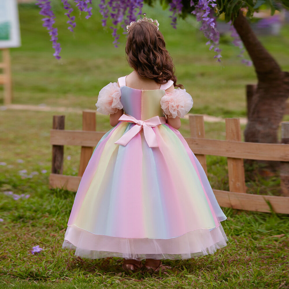 Kids Girls Mesh Princess Dress Rainbow Gradient Flower Kids 7-12Y