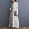 Ladies Cotton Linen Retro V-neck Color Matching Long Robe Dress (Color:Black Size:One Size)