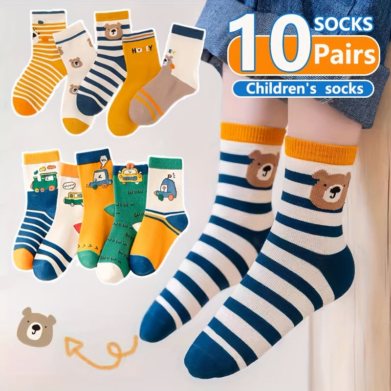 10-Pair Pack Children's Cute Bear and Striped Cartoon Calf-Length Socks, Polyester Blend Comfort Fit for All Seasons,FS