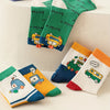 5 Pairs Boys' Mid-Calf Crew Footwear with Cartoon Vehicles, 100% Polyester, Suitable for Children Aged 12 and Under, FS