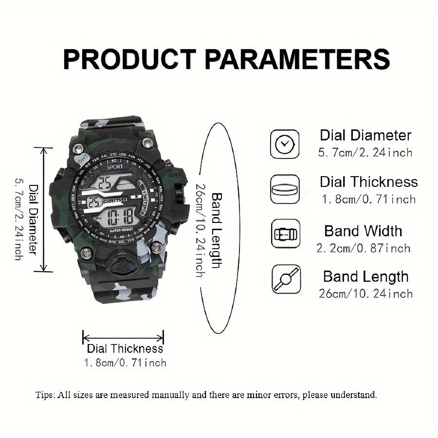 Boys' Camo Silicone Strap Digital Watch - Large Dial, Date & Week Display, Alarm, Chronograph, Luminous, Waterproof FS