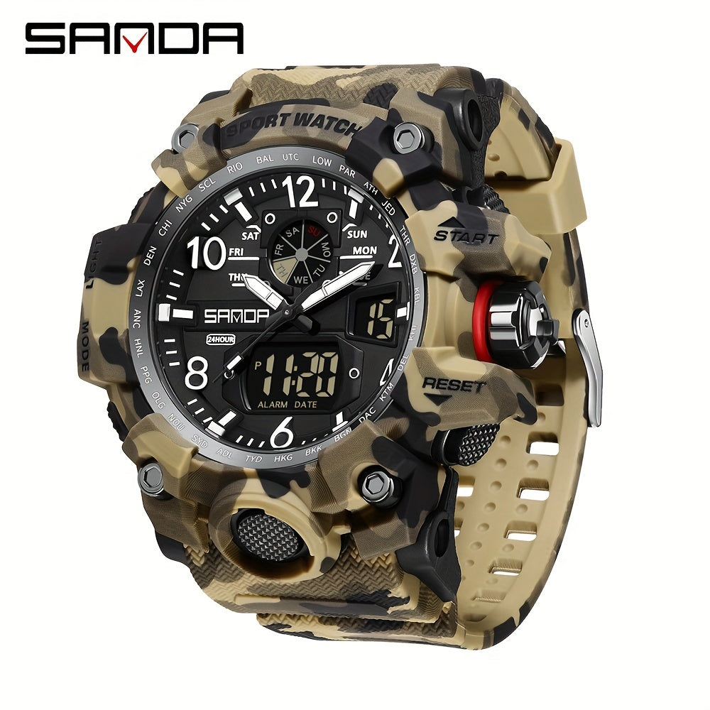 Men's Sports Watch, SANDA  Dual Display Quartz Movement, Round Dial with Stopwatch, Date, Alarm Clock, Luminous Multifunctional Tactical Wristwatch with TPU Strap FS