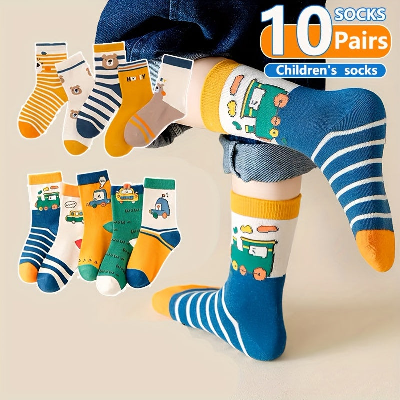 10-Pair Pack Children's Cute Bear and Striped Cartoon Calf-Length Socks, Polyester Blend Comfort Fit for All Seasons,FS