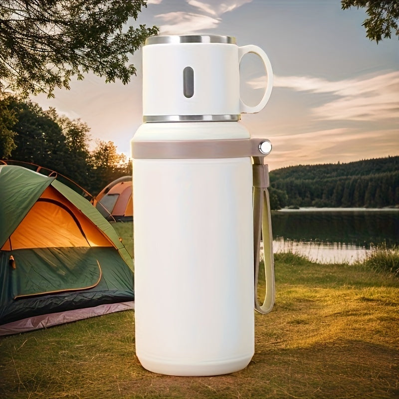 Stainless Steel Water Bottle with Rope Handle, Insulated Dual-Purpose Lid/Drinking Cup, Portable Vacuum Flask for Camping, Cycling, Car, Office - Suitable for Hot & Cold Beverages, FS