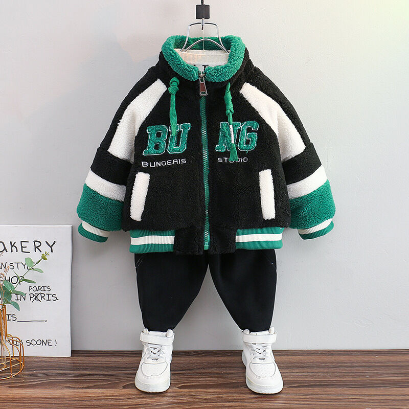 Boy 18M-10Y Letter Print Fleece Color block Zipper Warm Coat Jacket