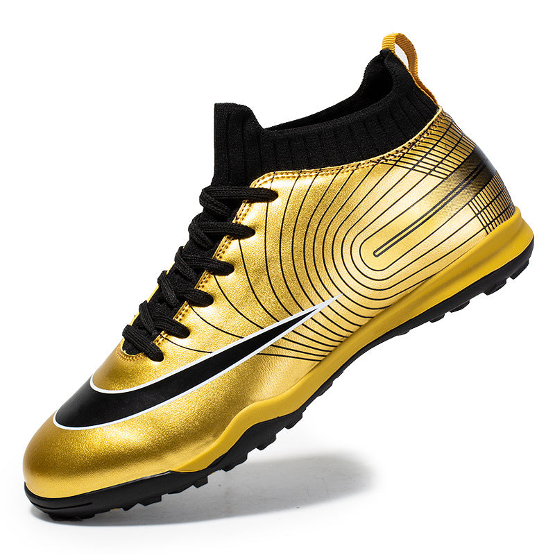 High Top Football Shoes With Long, Broken Nails And Gold Soles On Grass