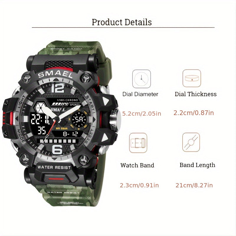 SMAEL Off-road Camouflage Men's Large Dial Watch, Luminous,, Alloy Dual Display Watch FS