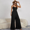 Women Summer Solid Color Casual Pullover Spaghetti Strap Button Wide Leg Jumpsuits