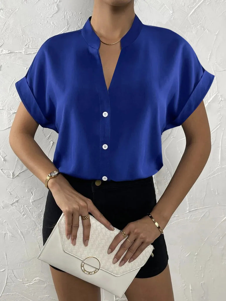 Summer Women Solid Color Simple V-Neck Short Sleeve Shirt