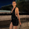 Women Fashion Sexy Deep V Halter Neck Sequin Split Mini Dress