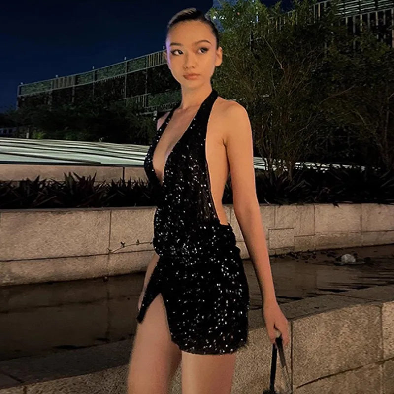 Women Fashion Sexy Deep V Halter Neck Sequin Split Mini Dress