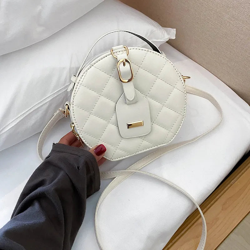 Women Rhombus Stitching Small Round Shape Belted PU Quilted Crossbody Bag