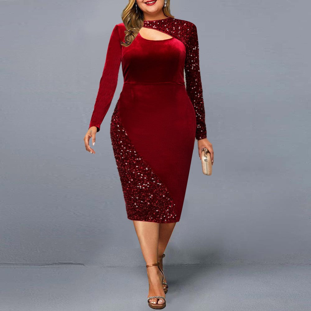 Women Elegant Sequins Patchwork Plus Size Bodycon Dress