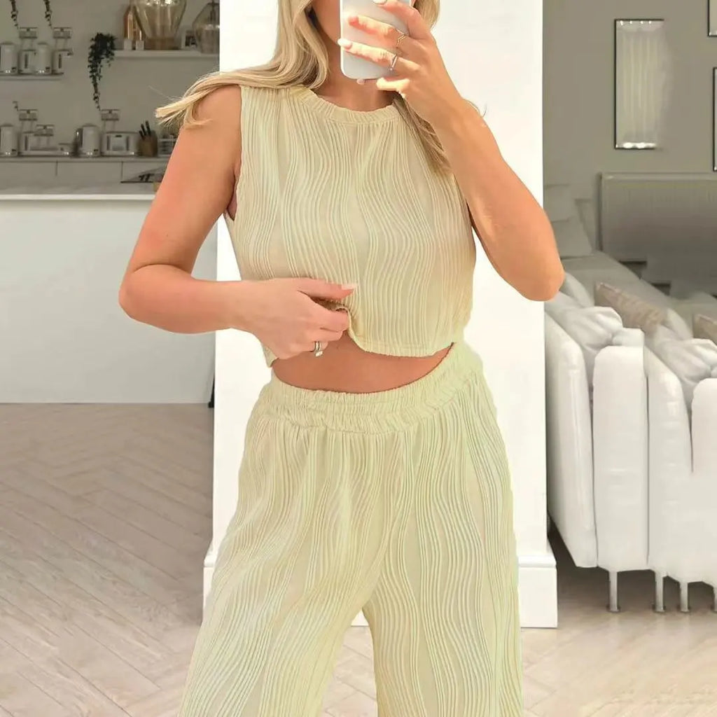 Summer Women Casual Water Ripple Sleeveless Crop Top Wide Leg Pants Two-Piece Set