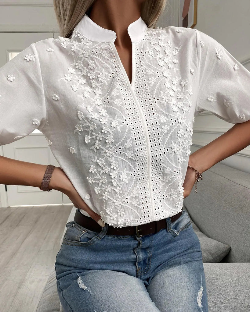 Summer Women Fashion V-Neck Embroidered Lace Shirt Top