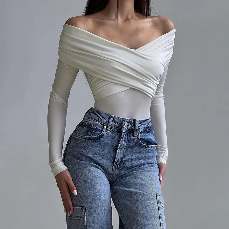 Women Sexy Fashion V-Neck Off Shoulder Long Sleeve Solid Color Slim Fit Bodysuit