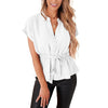 Women Fashion Solid Color Drawstring Chiffon Short Sleeve Shirt