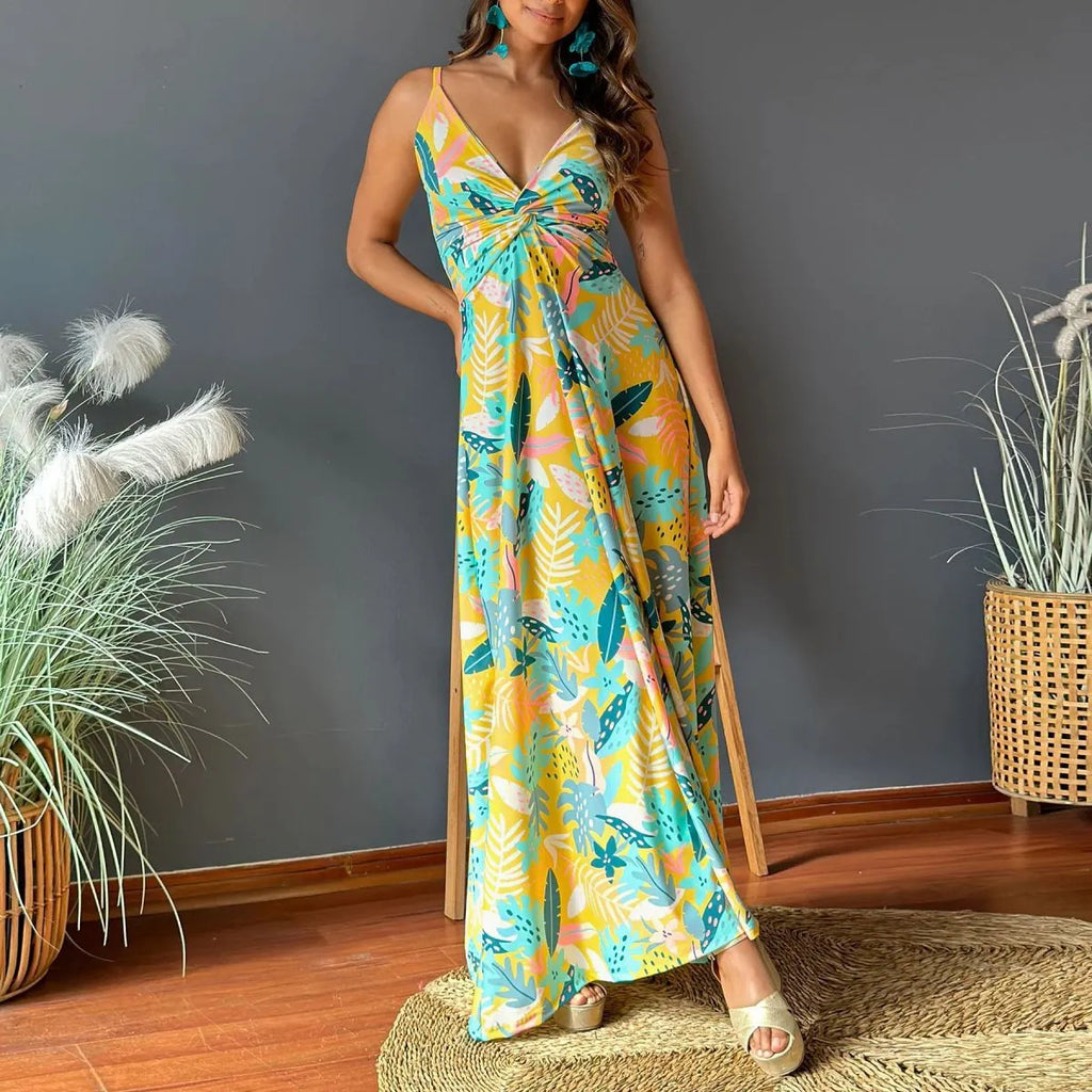 Summer Women Casual Bohemian V-Neck Floral Print Maxi Dress