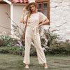 Women Fashion Casual Solid Color Round Neck Short Sleeve High Waist Wide Leg Lace Up Jumpsuit