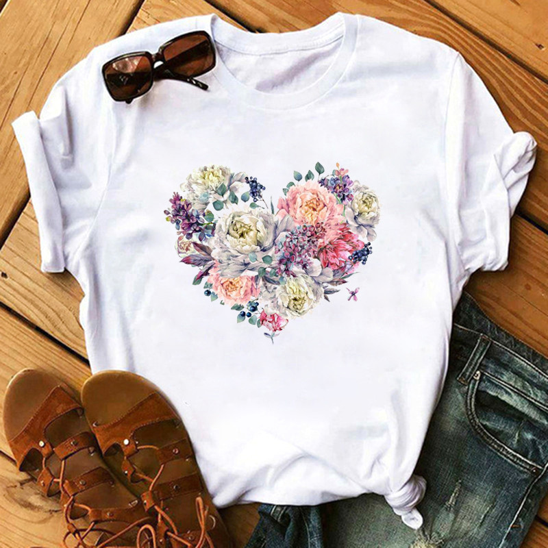 Women'S Fashion Love Flower Hot Air Balloon Print Round Neck Short Sleeve T-Shirt